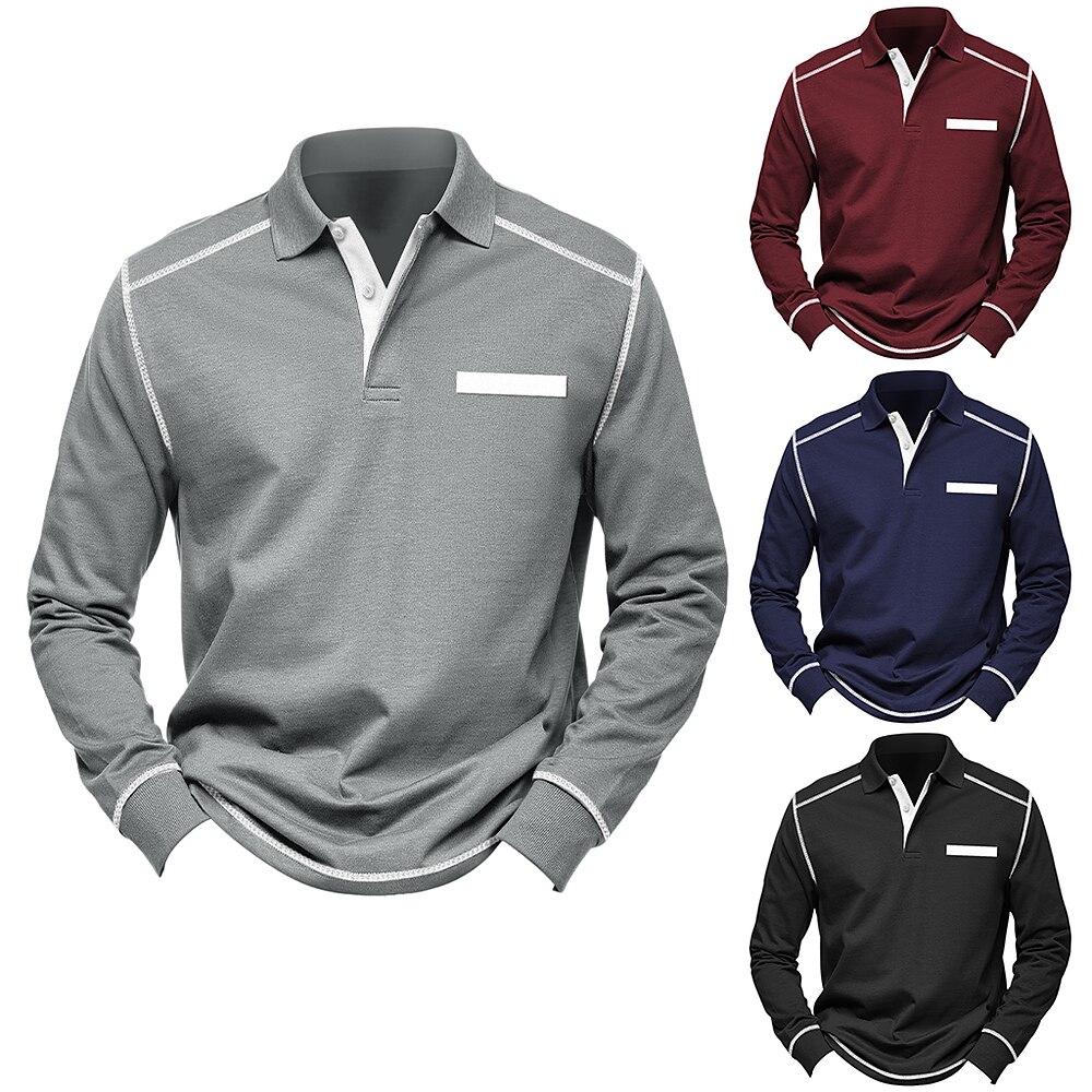 Herren Poloshirts Golf Poloshirts Geschäft Casual Kargen Klassisch Langarm Modisch Basic Feste Farbe Tasche Frühling Herbst Regular Fit Schwarz Burgunderrot Marineblau Grau Poloshirts Lightinthebox