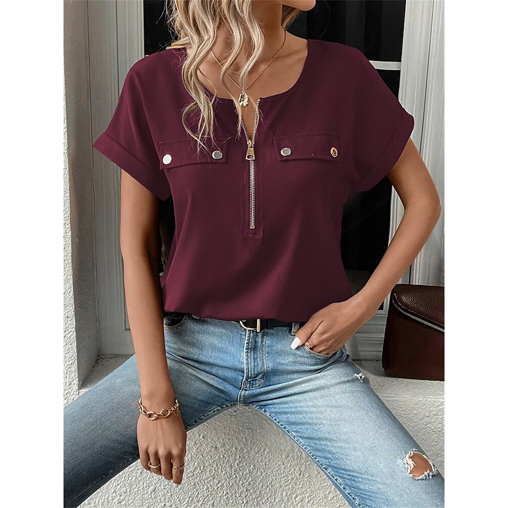 Damen Bluse Feste Farbe Täglich Stilvoll Brautkleider schlicht Kurzarm V Ausschnitt Normale Oberteile Arbeit Täglich Festtage Knopf Wein Sommer Frühling Lightinthebox