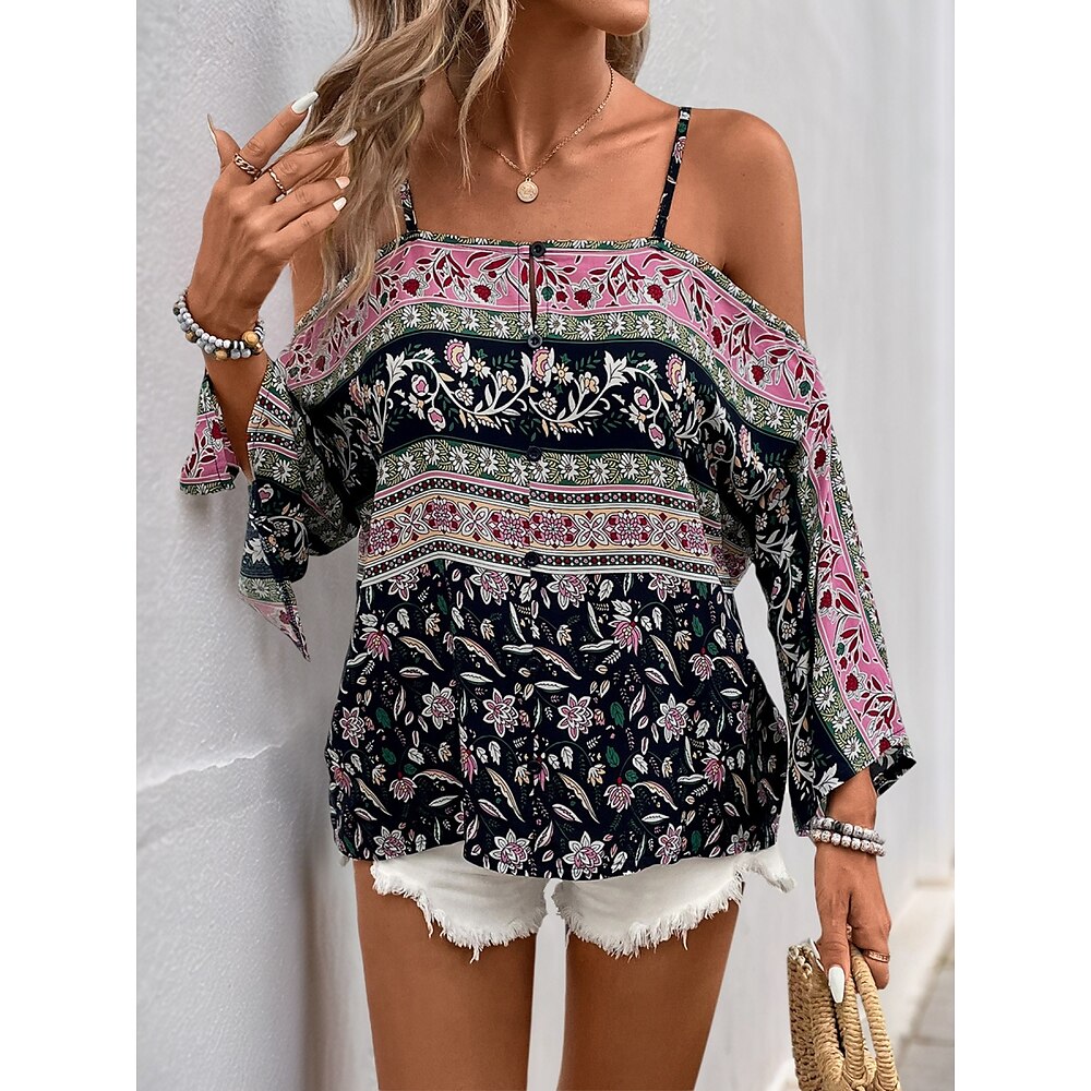 Damen Hemd Bluse Blumen Stilvoll Brautkleider schlicht Langarm Gurt Normale Oberteile Täglich Bedruckt Schwarz Sommer Frühling Lightinthebox