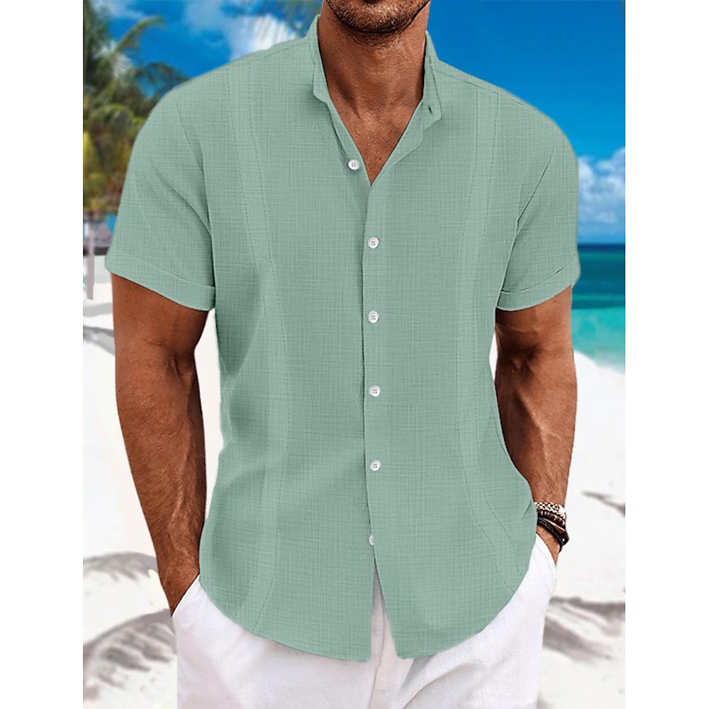 Herren Hemd leinenhemd Guayabera Hemd Hemd mit Stehkragen Sommerhemd Strandbekleidung Glatt Urlaub Curise Schwarz Weiß Blau Grün Kurzarm Kragen Sommer Bekleidung Lightinthebox