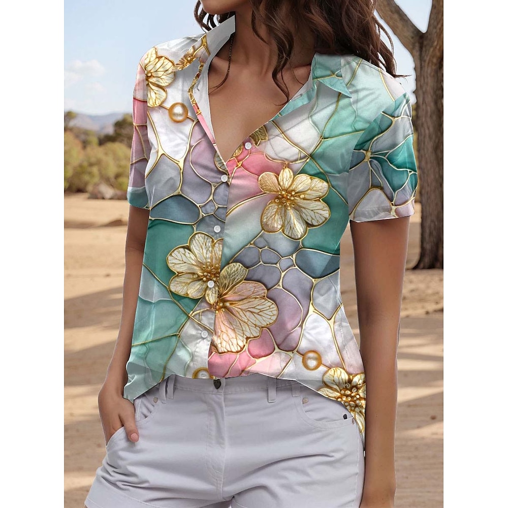 Damen Hemd Bluse Blumen Graphic Täglich Brautkleider schlicht Kurzarm Hemdkragen Normale Oberteile Täglich Knopf Bedruckt Grün Sommer Lightinthebox