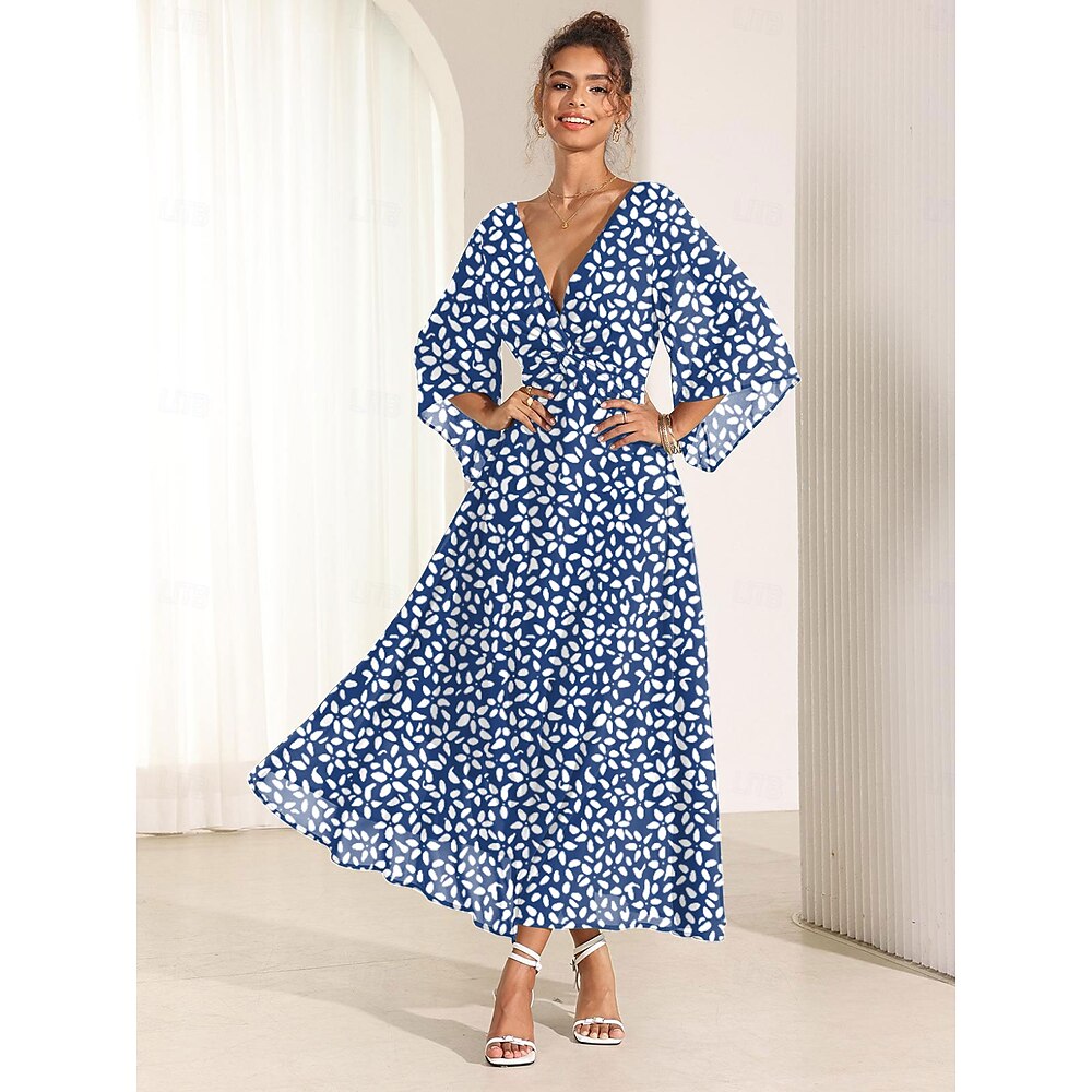 Damen Casual kleid A Linie Kleid Stilvoll Brautkleider schlicht Urlaub Täglich Lockere Passform Blumen 3/4 Ärmel V Ausschnitt Blau Sommer Lightinthebox