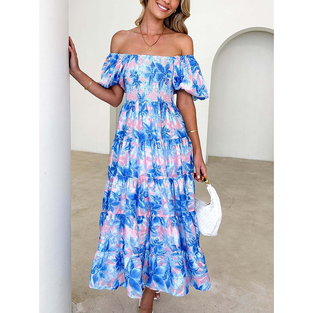 Damen Maxidress A Linie Kleid Milchmädchen-Kleid Schulterfreies Kleid Kleid mit Puffärmeln Urlaub Urlaub Täglich Regular Fit Graphic Kurzarm Schulterfrei Hellrosa Blau Himmelblau Fuchsie Sommer Lightinthebox