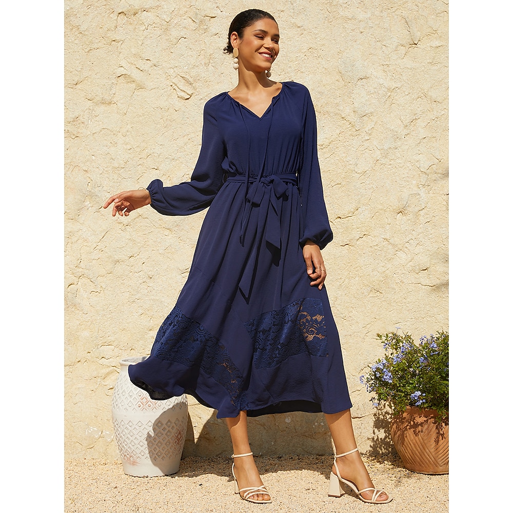 Damen Maxidress Puffärmel Elegant Stilvoll Brautkleider schlicht Casual Täglich Lockere Passform Feste Farbe Langarm V Ausschnitt Marineblau Frühling Herbst Lightinthebox