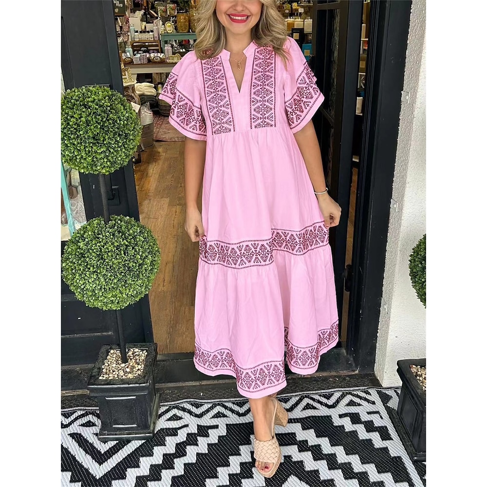 Damen Midikleid Casual kleid Langärmliges Boho-Kleid Figurbetontes Kleid Böhmen Stilvoll Brautkleider schlicht Urlaub Casual Täglich Regular Fit Graphic Kurzarm V Ausschnitt Weiß Rosa Khaki Sommer Lightinthebox