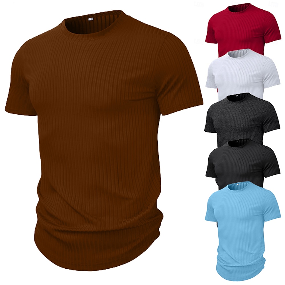 Herren Kurzarm-Shirt Geripptes Strick-T-Shirt T-Shirt Feste Farbe Grubenstreifen Rundhalsausschnitt Casual Training Kurzarm Gerippt Bekleidung Sport Täglich Lightinthebox