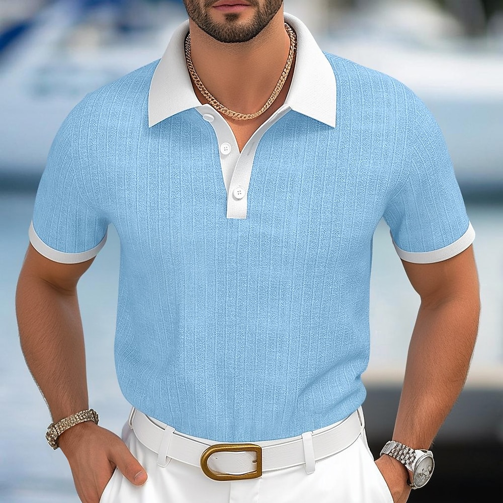 Herren Rippstrick-Oberteil Golf Poloshirts Arbeit Casual Kargen Gerippter Polokragen Kurzarm Basic Modern Farbblock Knopf Strick Frühling Sommer Regular Fit Marineblau Armeegrün Beige Hellblau Lightinthebox