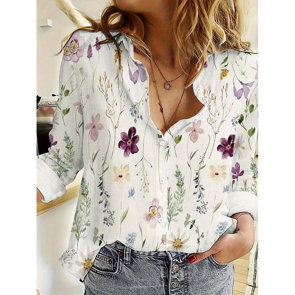 Damen Hemd Blumen Brautkleider schlicht Langarm Hemdkragen Normale Oberteile Arbeit Täglich Knopf Bedruckt Weiß Frühling Herbst Winter Lightinthebox