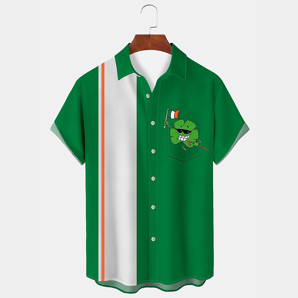 St. Patricks Day Herren Vierblättriges Kleeblatt Irische Flagge Lässiges Hemd Knopfhemd Kurzarm Vintage Urlaub Geschenk Festtage Sommer Frühling Umlegekragen Hemden mit Kragen Eine Tasche vorne Grün Lightinthebox