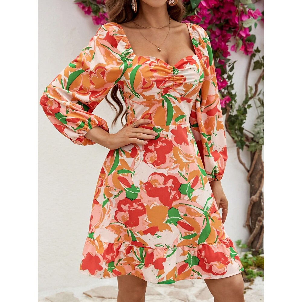 Damen Casual kleid A Linie Kleid Stilvoll Brautkleider schlicht Urlaub Täglich Regular Fit Blumen Langarm Quadratischer Ausschnitt Orange Sommer Lightinthebox