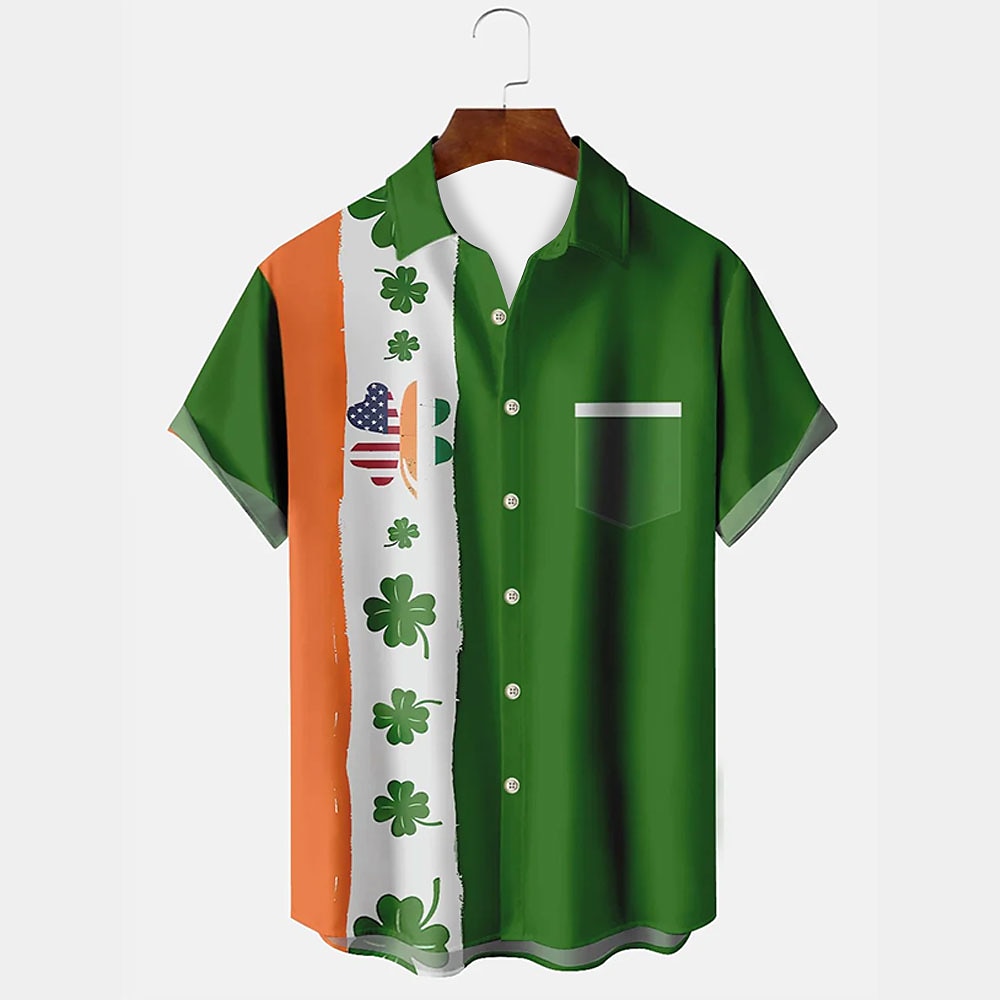 St. Patricks Day Herren Vierblättriges Kleeblatt Irische Flagge Lässiges Hemd Knopfhemd Kurzarm Vintage Urlaub Festtage Festival Sommer Frühling Umlegekragen Hemden mit Kragen Eine Tasche vorne Grün Lightinthebox