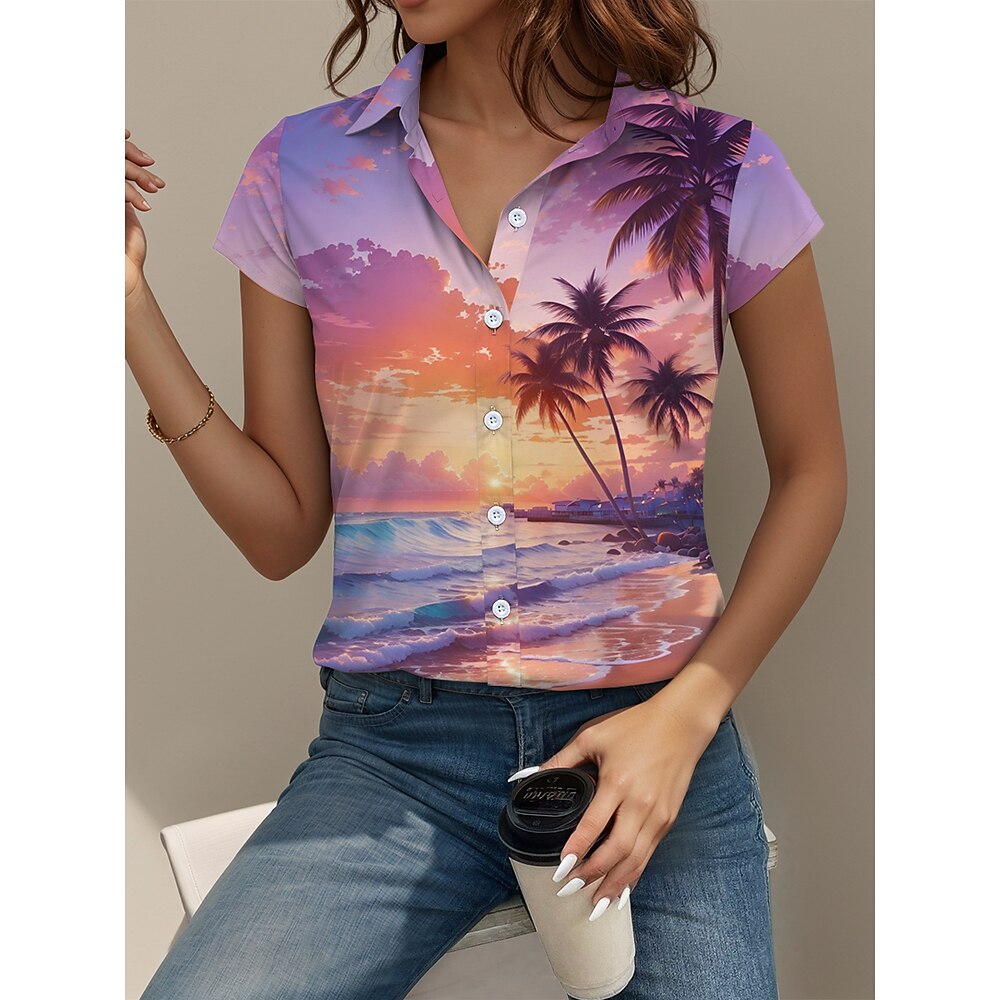 Damen Hemd Bluse Baum Hawaiian Tropisch Hawaiianisch Kurzarm Hemdkragen Normale Oberteile Knopf Bedruckt Purpur Sommer Lightinthebox