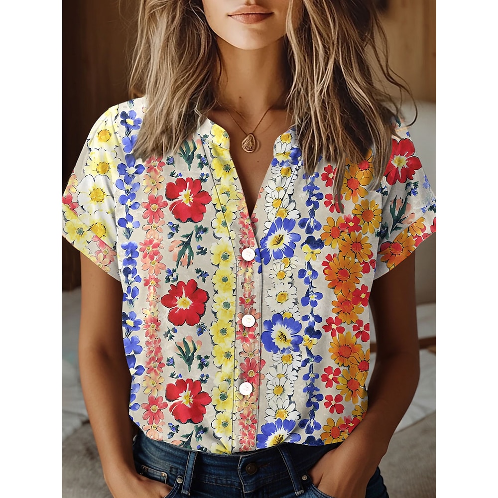 Damen Bluse Blumen Stilvoll Strand Design Kurzarm Hemdkragen Normale Oberteile Täglich Knopf Bedruckt Gelb Frühling Herbst Lightinthebox