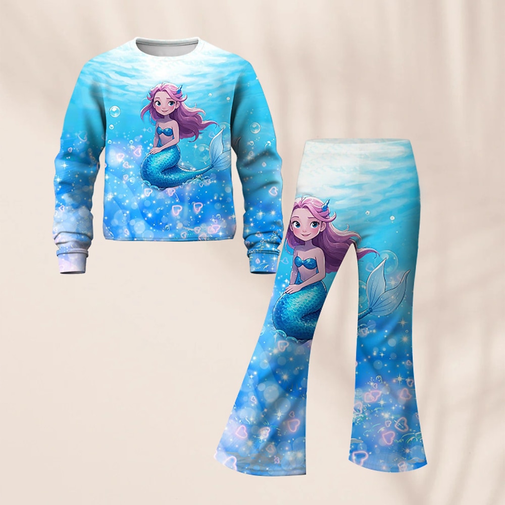 Mädchen 3D Graphic Meerjungfrau Sport-Outfit Trainingsanzüge Set aus Sweatshirt und Schlaghose Langarm Frühling Herbst Täglich Brautkleider schlicht kinderkleidung 4-12 Jahre Rundhalsausschnitt Lightinthebox