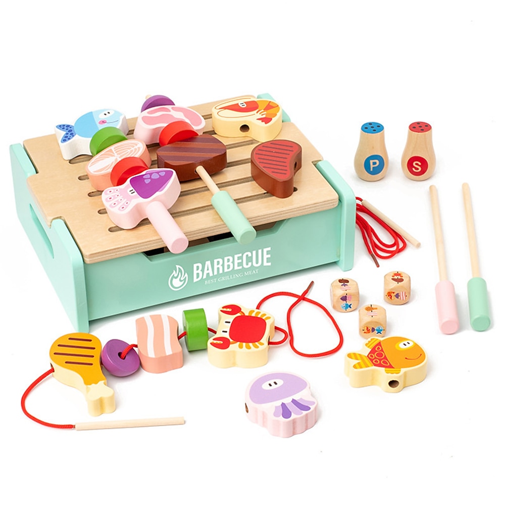 Holzgrill-Set, farbenfrohes Spielset mit Lebensmittelstücken, realistisches Rollenspiel fantasievoller Spaß für Kinder ab 3 Jahren Lightinthebox