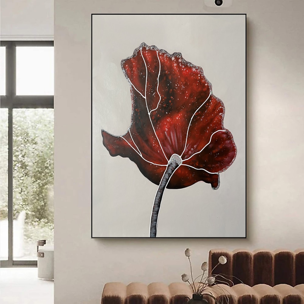 handgemalte minimalistische Gemälde rote Rose Leinwand-Stil Malerei strukturierte Wandkunst Statement Wohnzimmer Wohnkultur für Wohnzimmer kein Rahmen Lightinthebox