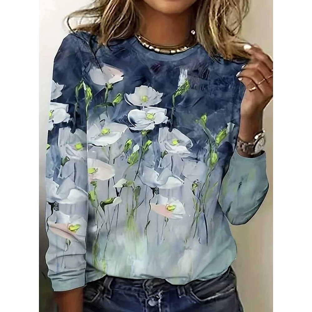 Damen T Shirt Farbverlauf Blumen Elegant Vintage Modisch Langarm Rundhalsausschnitt Normale Oberteile Täglich Ausgehen Wochenende Bedruckt Staubiges Blau Sommer Frühling Lightinthebox