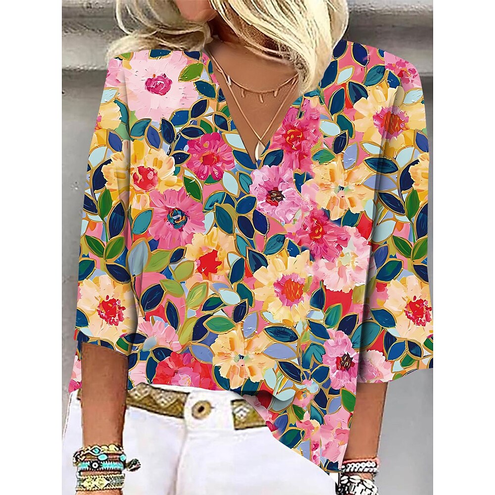 Damen Bluse Blumen Stilvoll Strand Design Kurzarm V Ausschnitt Normale Oberteile Täglich Bedruckt Rosa Frühling Herbst Lightinthebox