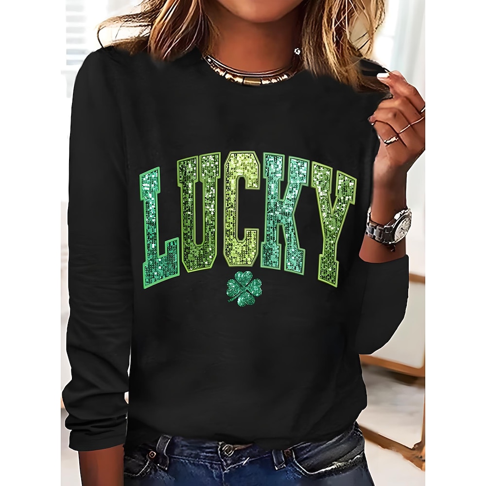 St. Patrick Damen T Shirt Kleeblatt Pflanzen Brautkleider schlicht Langarm Rundhalsausschnitt Normale Oberteile Täglich Bedruckt Schwarz Weiß Frühling Herbst Lightinthebox