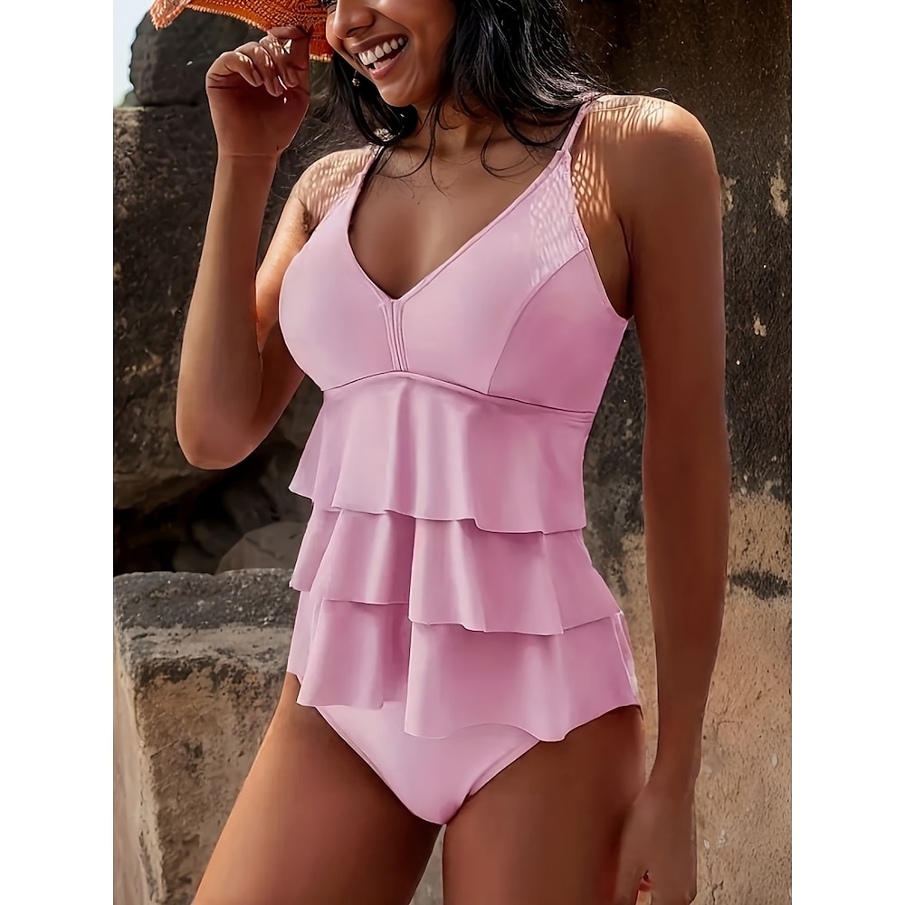 Damen Badeanzug Tankini Cheeky-Bikinihose Bademode Rüsche Rückenfrei Bauchkontrolle Hohe Taillenlinie Schlank Urlaub Strandbekleidung Feste Farbe V Ausschnitt Ärmellos Badeanzüge Lightinthebox