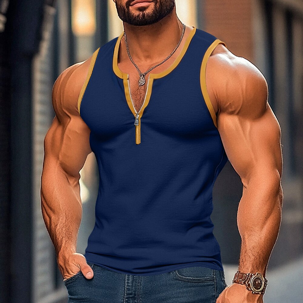 Herren Tank Top Weste Unterhemd Ärmelloses Shirt Ärmellos U-Ausschnitt Sommer Farbblock Patchwork Mode Klassisch Bequem Reißverschluss Straße Lässig Sport Schwarz Weiß Marineblau Top T-Shirt für Lightinthebox