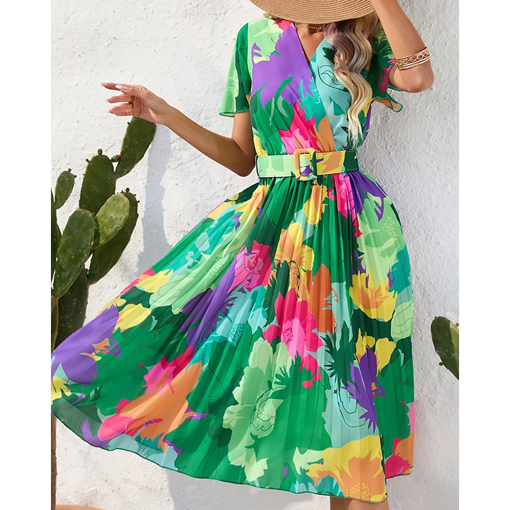 Damen kleid lang Casual kleid Sommerkleid Kleid drucken Modisch Outdoor Festtage Verabredung Regular Fit Blumen Kurzarm V Ausschnitt Rote Grün Sommer Frühling Lightinthebox