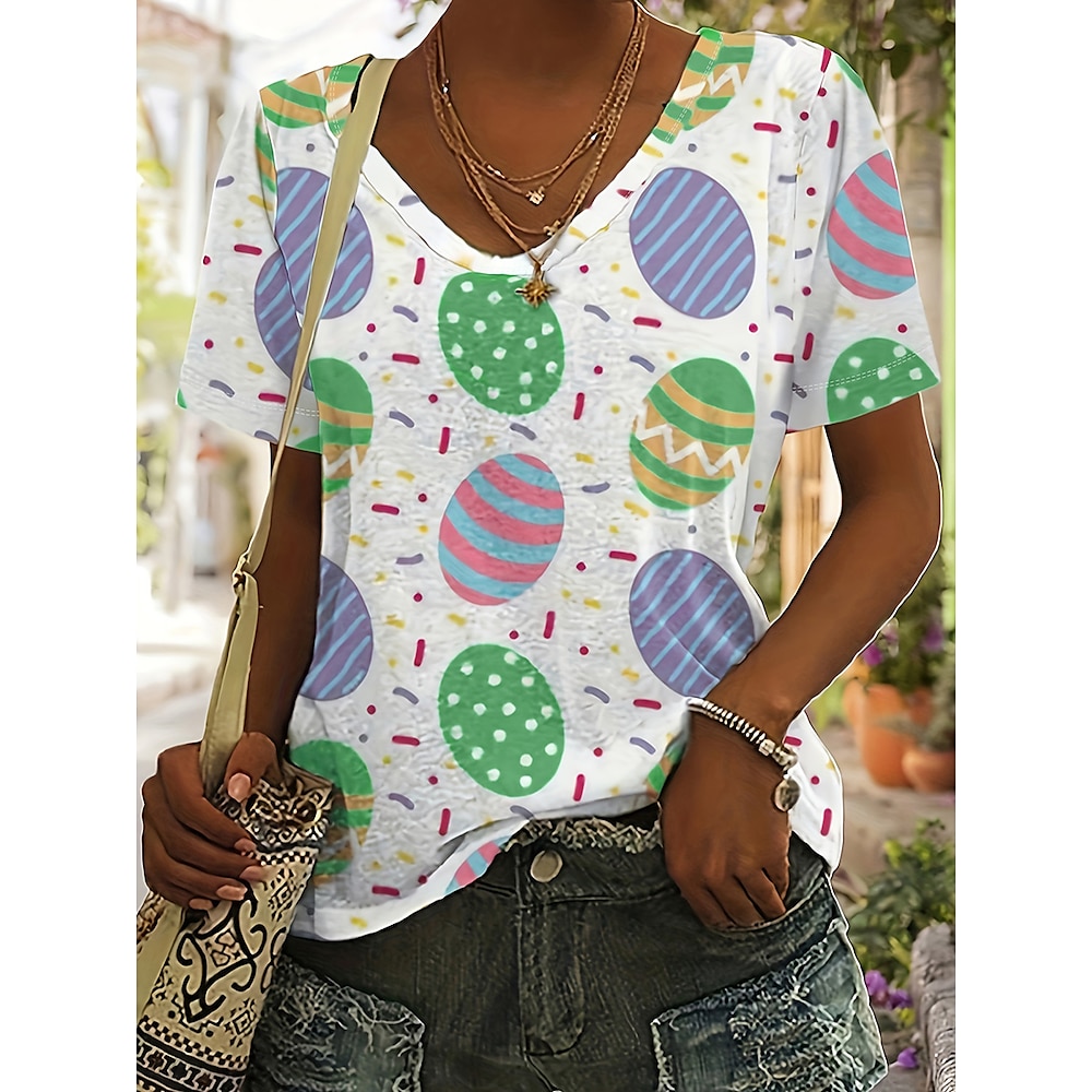 Ostern Damen T Shirt Blumen Graphic Stilvoll Brautkleider schlicht Kurzarm V Ausschnitt Normale Oberteile Täglich Bedruckt Purpur Sommer Lightinthebox