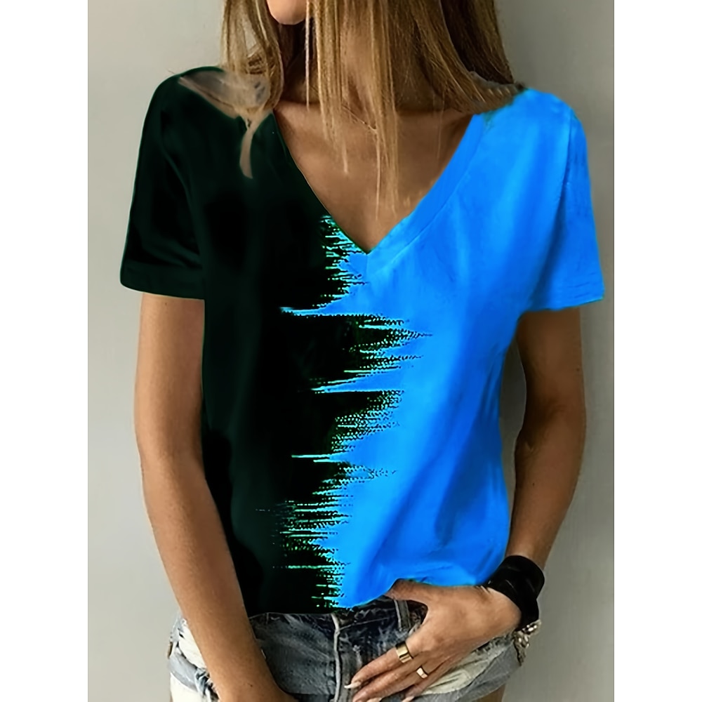 Damen T Shirt Farbblock Stilvoll Brautkleider schlicht Kurzarm Flattrige Ärmel V Ausschnitt Normale Oberteile Täglich Wochenende Patchwork Bedruckt Blau Purpur Orange Sommer Frühling Lightinthebox