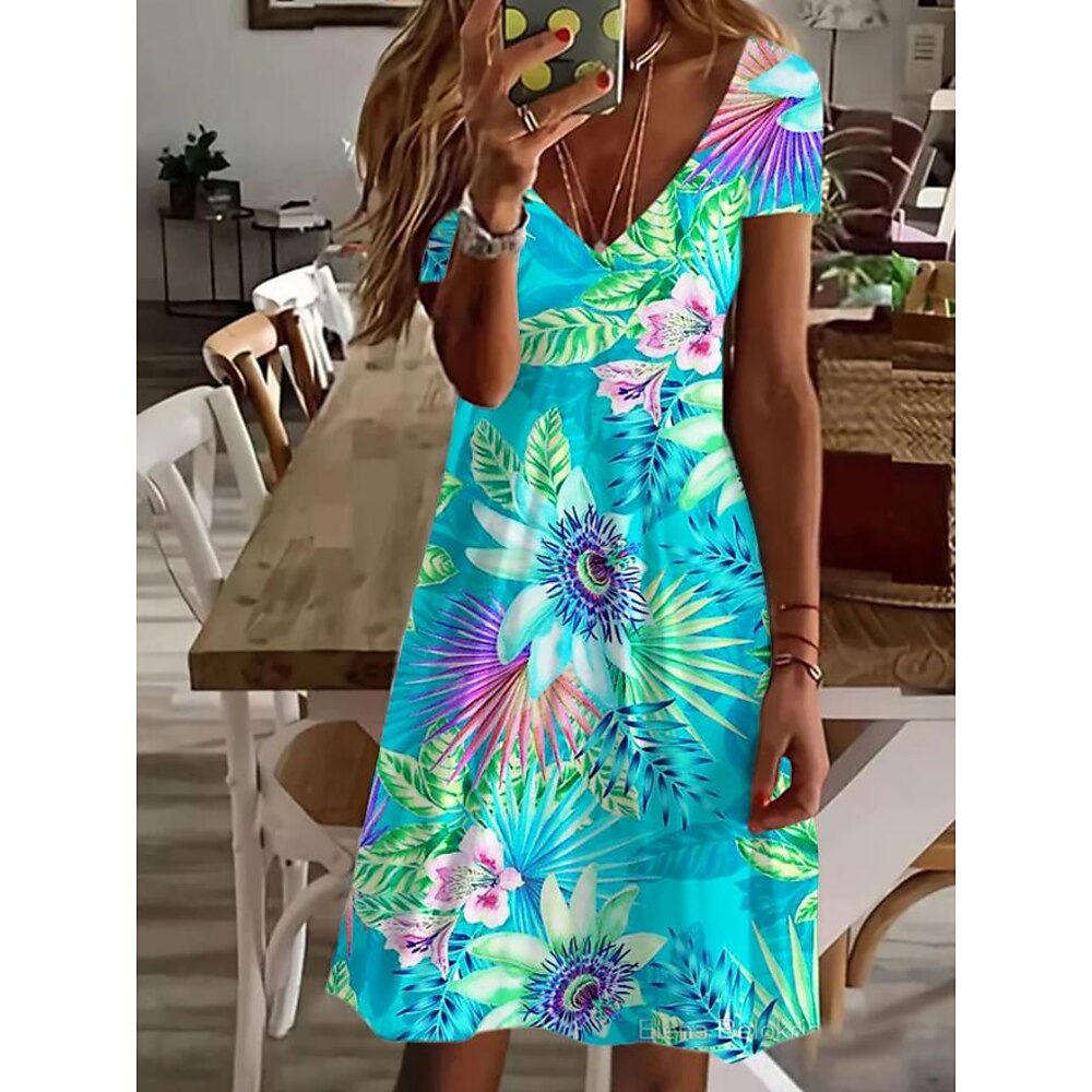 Damen Casual kleid Elegant Tropisch Hawaiianisch Täglich Regular Fit Blumen Kurzarm Rundhalsausschnitt Blau Sommer Lightinthebox