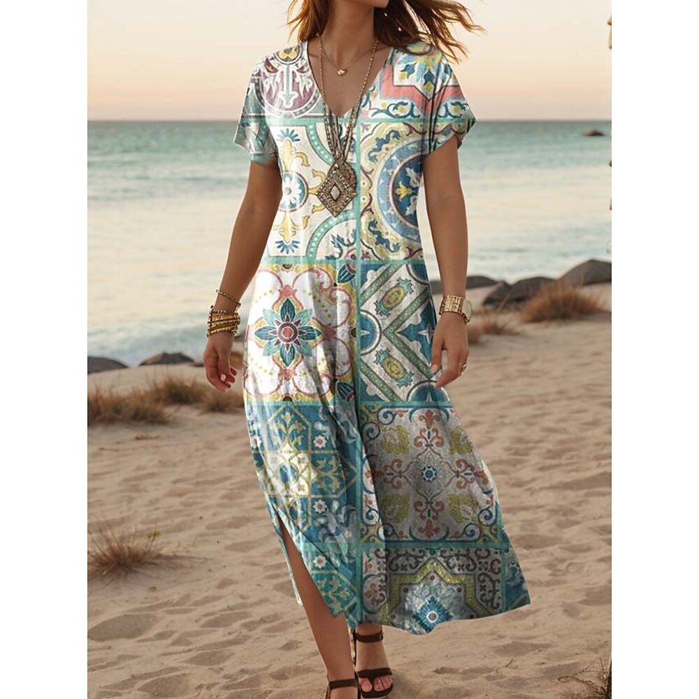 Damen Maxidress Casual kleid A Linie Kleid Böhmen Urlaub Vintage Urlaub Täglich Regular Fit Blumen Kurzarm V Ausschnitt Hellgrün Sommer Frühling Lightinthebox