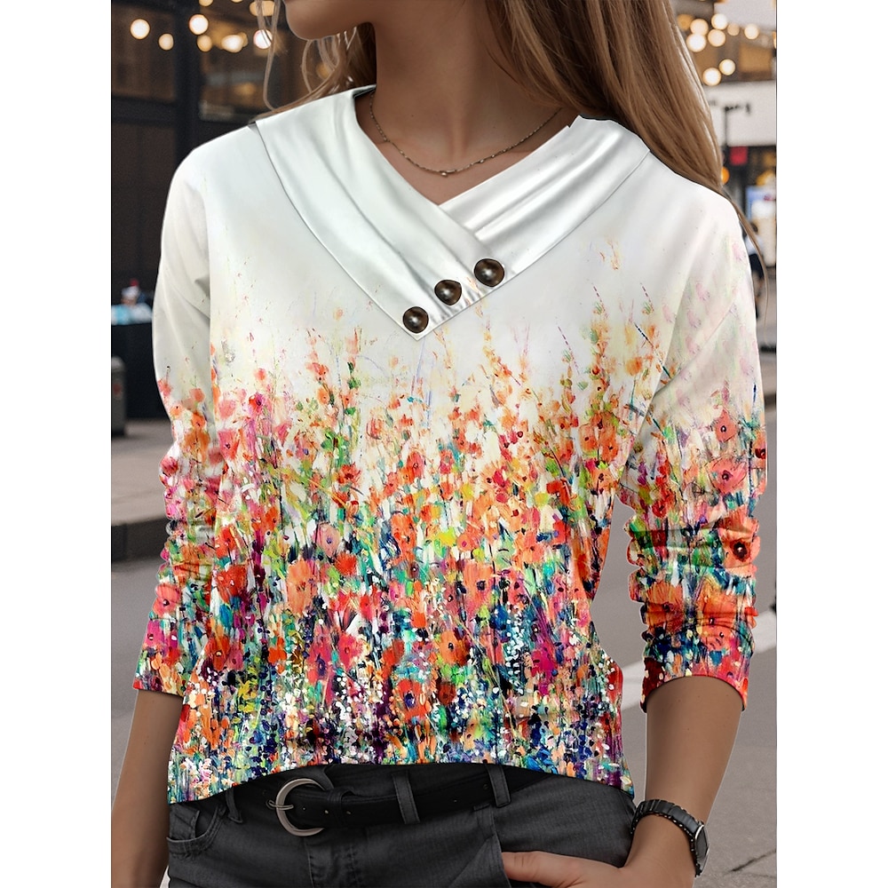 Damen T Shirt Stilvoll Brautkleider schlicht Blumen Normale Oberteile Langarm V Ausschnitt Knopf Bedruckt Regular Fit Täglich Orange Herbst Winter Lightinthebox