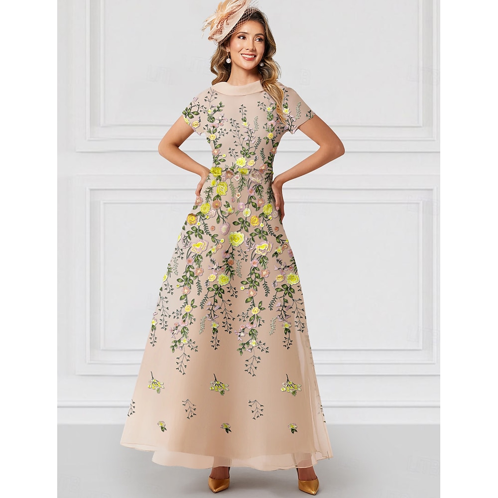 Rotes floral gesticktes formelles A-Linie Kleid für die Mutter der Braut Hochzeitsgast elegant vintage Juwel-Ausschnitt bodenlang Tüll kurzärmlig mit Blume Derby-Kleid 2025 Lightinthebox