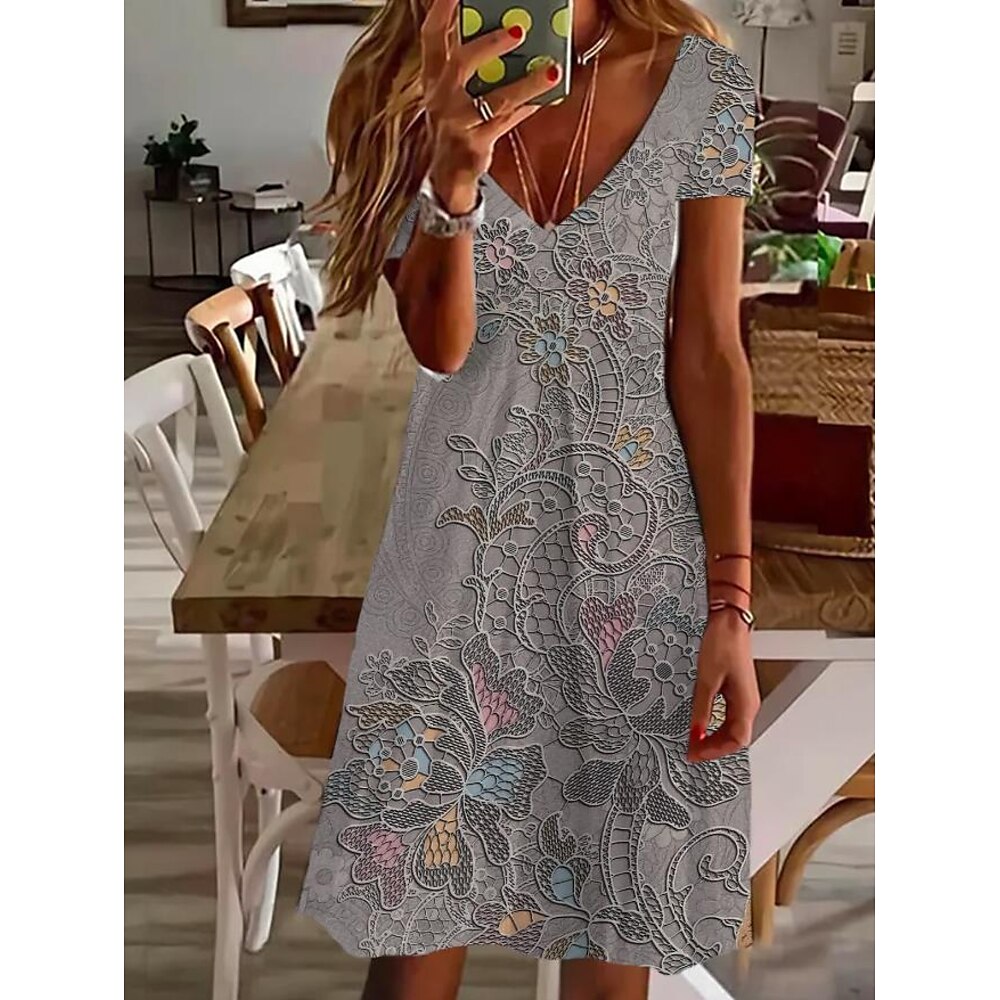 Damen Minikleid Minikleid Sweatkleid Sommerkleid A Linie Kleid Elegant Vintage Stilvoll Urlaub Geburtstag Casual Regular Fit Blumen Graphic Paisley-Muster Kurzarm V Ausschnitt Dunkelgray Sommer Lightinthebox