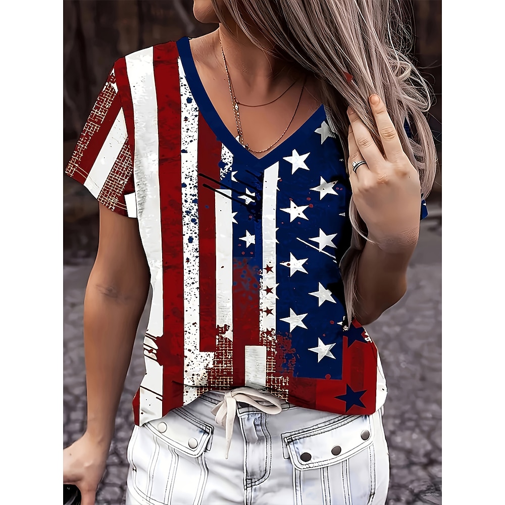 Amerikanischer Unabhängigkeitstag Damen T Shirt Fahne Stilvoll Brautkleider schlicht Kurzarm V Ausschnitt Normale Oberteile Täglich Bedruckt Blau Sommer Lightinthebox