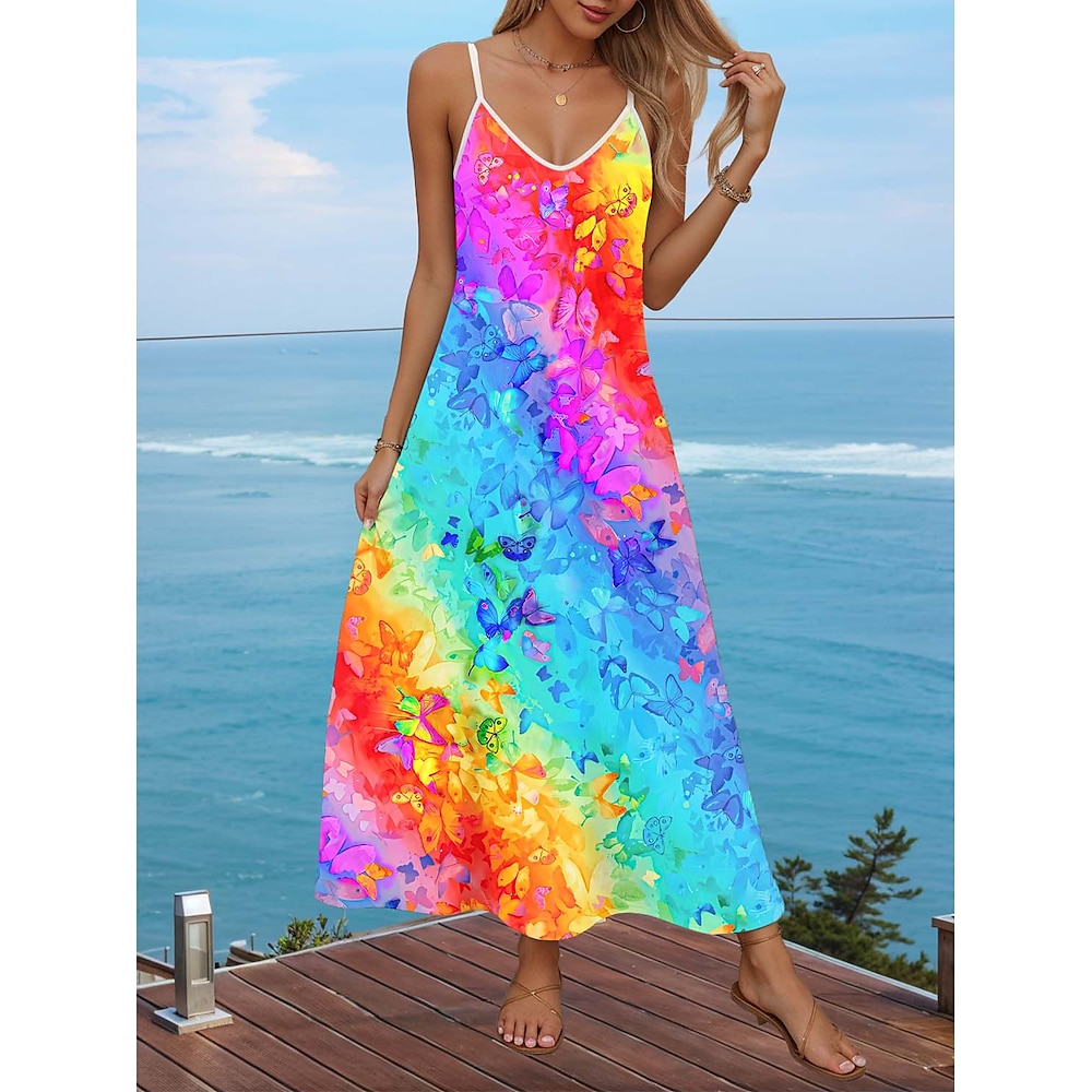 Damen Maxidress Casual kleid Maxidress Sommerkleid A Linie Kleid Böhmen Urlaub Tropisch Urlaub Casual Täglich Regular Fit Farbverlauf Graphic Schmetterling Ärmellos V Ausschnitt Colourful Sommer Lightinthebox