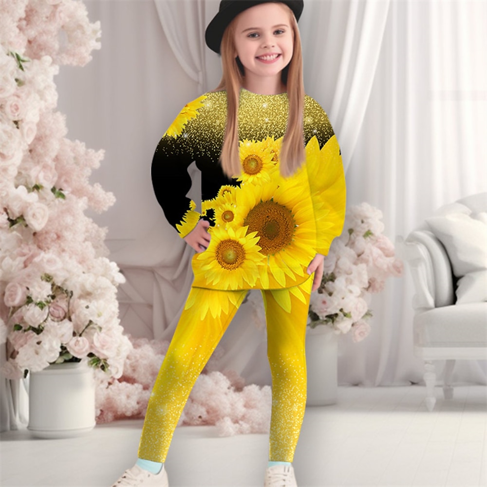 Mädchen 3D Blumen Graphic Bühnenlicht vielfarbig Sport-Outfit Trainingsanzüge Set aus Sweatshirt und Leggings Langarm Frühling Herbst Täglich Brautkleider schlicht Stumpfhosen kinderkleidung 4-12 Lightinthebox