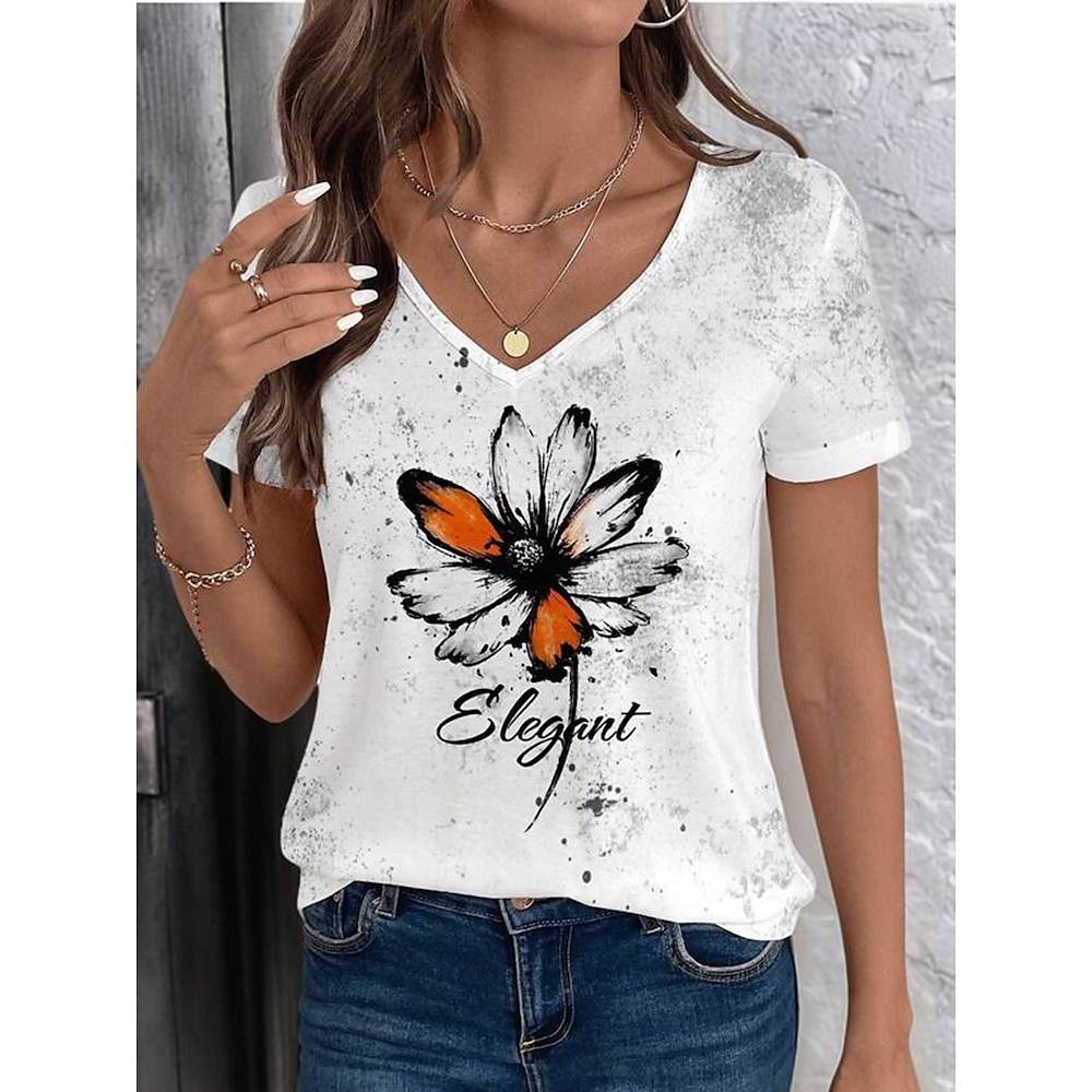 Damen T Shirt Blumen Stilvoll Brautkleider schlicht Kurzarm V Ausschnitt Normale Oberteile Täglich Bedruckt Weiß Sommer Lightinthebox