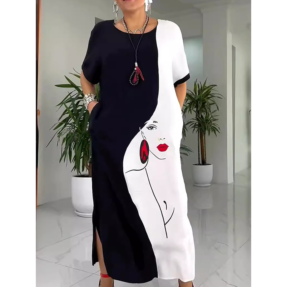 Damen Casual kleid A Linie Kleid Stilvoll Brautkleider schlicht Urlaub Täglich Lockere Passform Bedruckt Abstrakt Kurzarm Rundhalsausschnitt Schwarz Sommer Lightinthebox