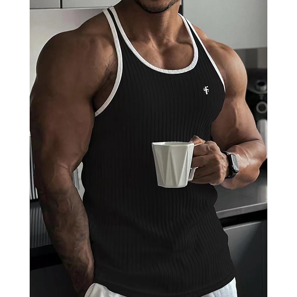 Herren Tank Top Shirt Unterhemden Ärmelloses Hemd Ärmellos Rundhalsausschnitt Sommer Farbblock Grubenstreifen Modisch Designer Basic Schnell Trocknend Urlaub Strasse Ausgehen Schwarz Weiß Wein Top Lightinthebox