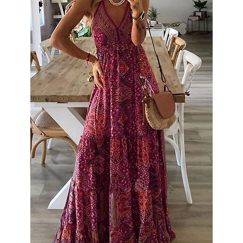 Damen Maxidress A Linie Kleid skims dress Böhmen Urlaub Casual Täglich Festtage Regular Fit Graphic Ärmellos Gurt Gelb Rosa Wein Rote Sommer Lightinthebox