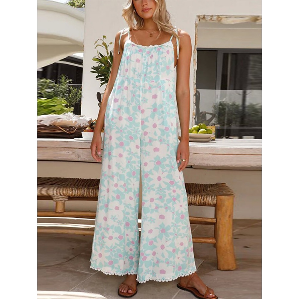 Damen Normal Jumpsuit Aktiv Blumen Ärmellos Rundhalsausschnitt Rückenfrei Bedruckt Urlaub Täglich Regular Fit Leicht Blau Sommer Lightinthebox