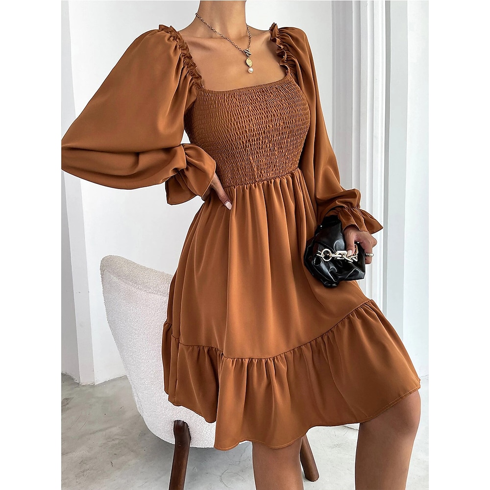 Damen Minikleid A Linie Kleid Milchmädchen-Kleid Schulterfreies Kleid Kleid mit Puffärmeln Urlaub Urlaub Täglich Regular Fit Glatt Langarm Quadratischer Ausschnitt Schwarz Wein Leicht Braun Purpur Lightinthebox