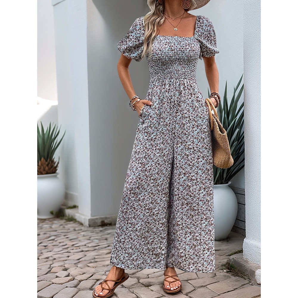 Damen Normal Jumpsuit Aktiv Blumen Kurzarm Quadratischer Ausschnitt Tasche Hohe Taillenlinie Urlaub Täglich Regular Fit Rosa Blau Sommer Lightinthebox