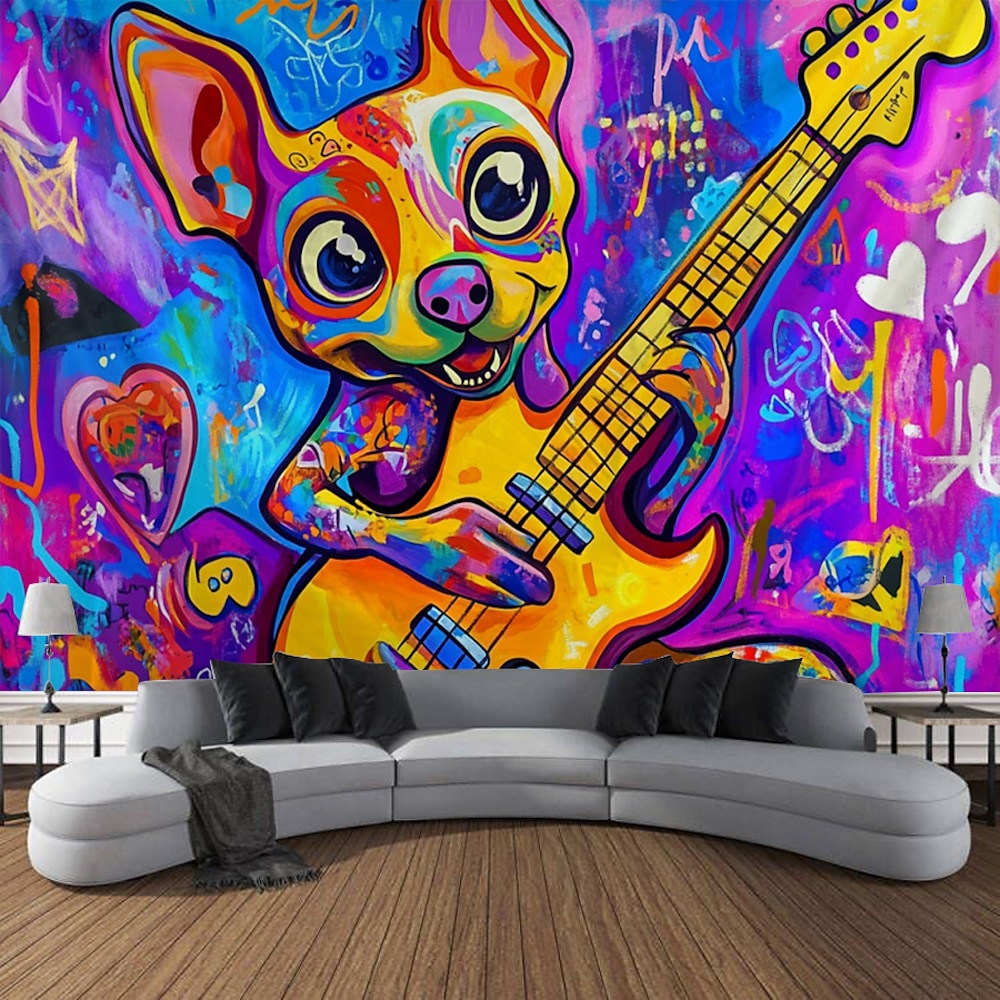 Graffiti Hängende Wandteppich Wandkunst Großer Wandteppich Wandmalerei Dekor Fotografie Hintergrund Decke Vorhang Heim Schlafzimmer Wohnzimmer Dekoration Gitarre Hund Lightinthebox