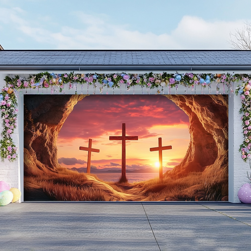 Ostern Jesus Kreuz Türdekorationen Garagentorabdeckung Außenbanner großer Hintergrund für Feiertagsaußen Garagentor Wanddekorationen Zuhause Lightinthebox