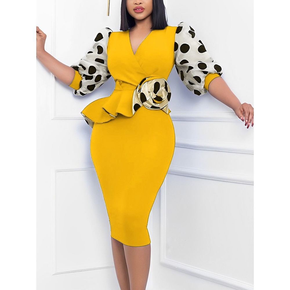 Kentucky Derby Damen Midi Kleid Bodycon Elegant Formal Party Hochzeitsgast Verlobung Reguläre Passform Grafisch 3/4 Ärmel V-Ausschnitt Schwarz Gelb Rot Blau Sommer Lightinthebox