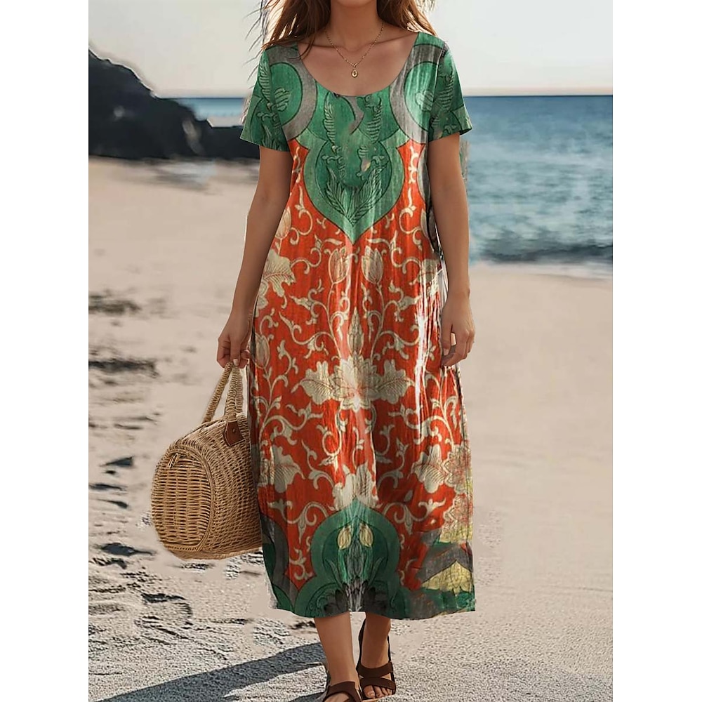 Damen kleid lang Casual kleid Böhmen Urlaub Vintage Täglich Lockere Passform Blumen Farbblock Kurzarm Rundhalsausschnitt Orange Sommer Lightinthebox