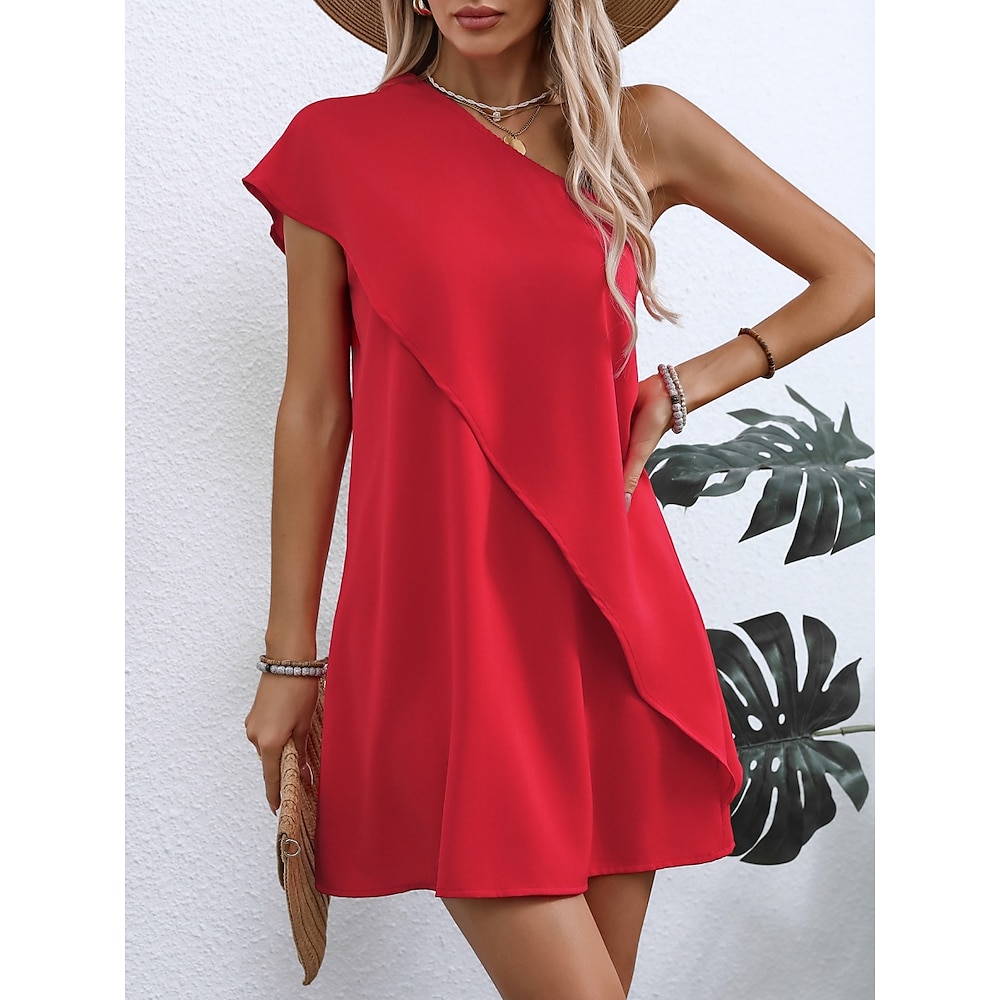 Damen Casual kleid Basic Brautkleider schlicht Urlaub Täglich Regular Fit Glatt Ärmellos Ein-Schulter Rote Sommer Lightinthebox