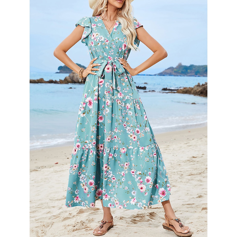 Damen Midikleid A Linie Kleid Tüll-Kleid Urlaub Brautkleider schlicht Urlaub Casual Täglich Regular Fit Blumen Graphic Kurzarm V Ausschnitt Blau Sommer Lightinthebox