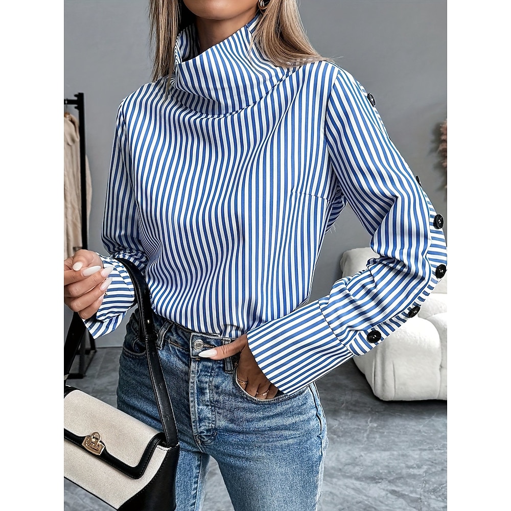 Damen Hemd Hemd aus Baumwollleinen Bluse Gestreift Basic Brautkleider schlicht Langarm Rollkragen Normale Oberteile Täglich Knopf Blau Sommer Frühling Herbst Lightinthebox